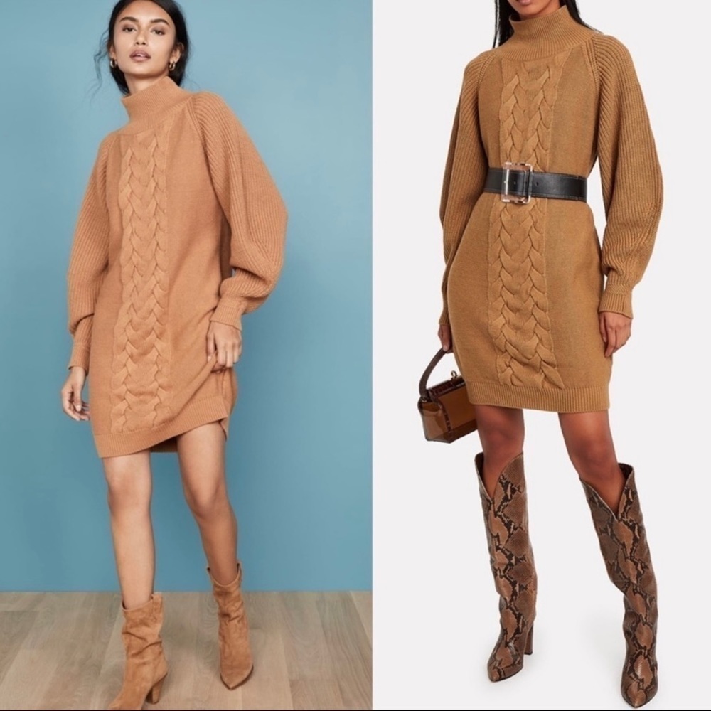 Caroline Constas Cable Knit Turtleneck Sweater Mini Dress in Camel Tan Cotton